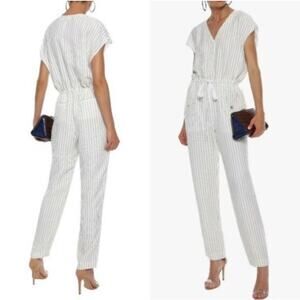 JASON WU White Pinstripe V Neck Drawstring Ruched Jumpsuit Cap Sleeve Sz 6 $550